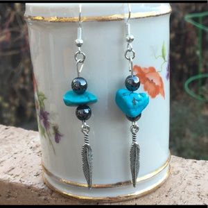 Turquoise Howlite Black Hematite Feather Earrings